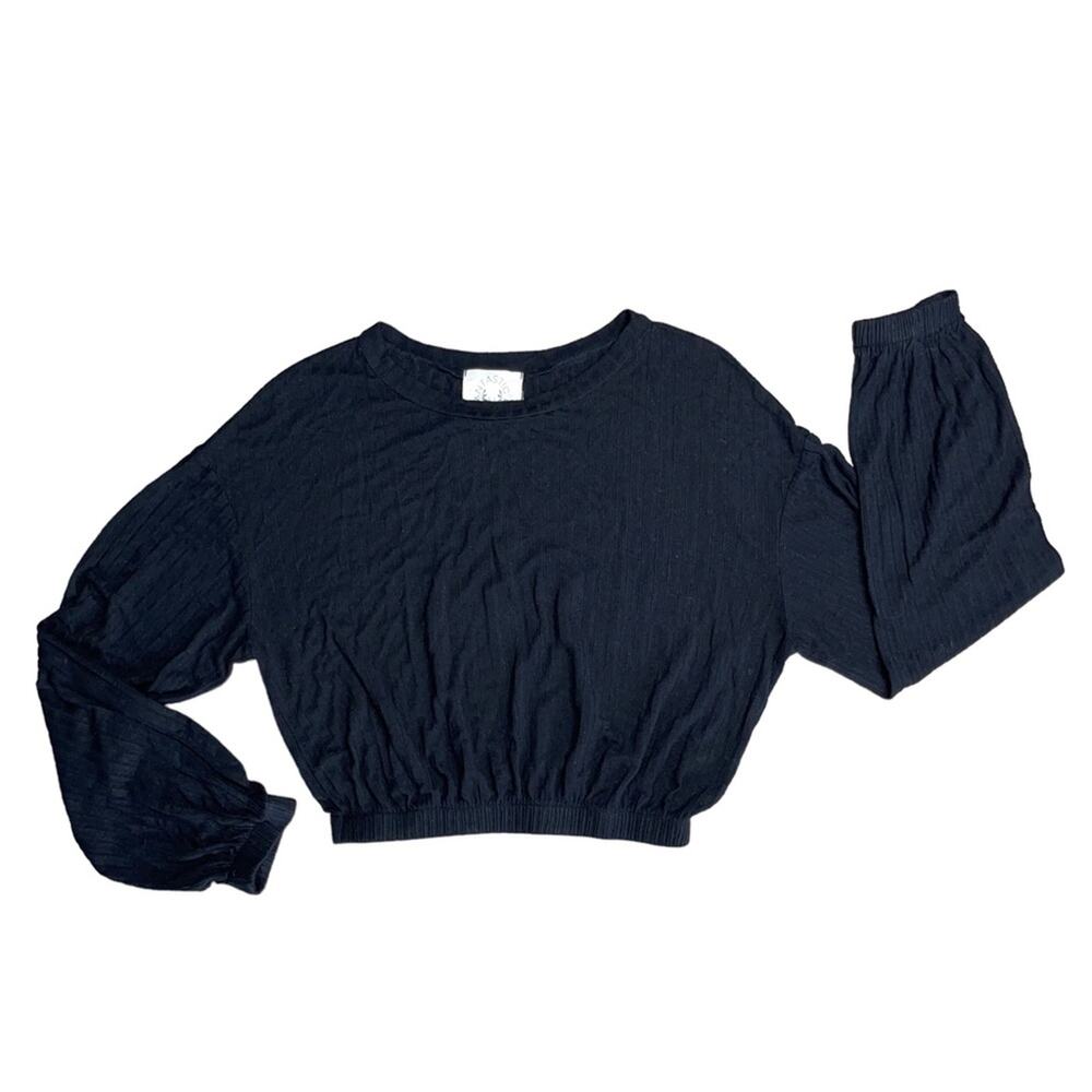 FANTASTIC FAWN Black Cropped Ribbed Long Sleeve Blouse Women’s Size Small